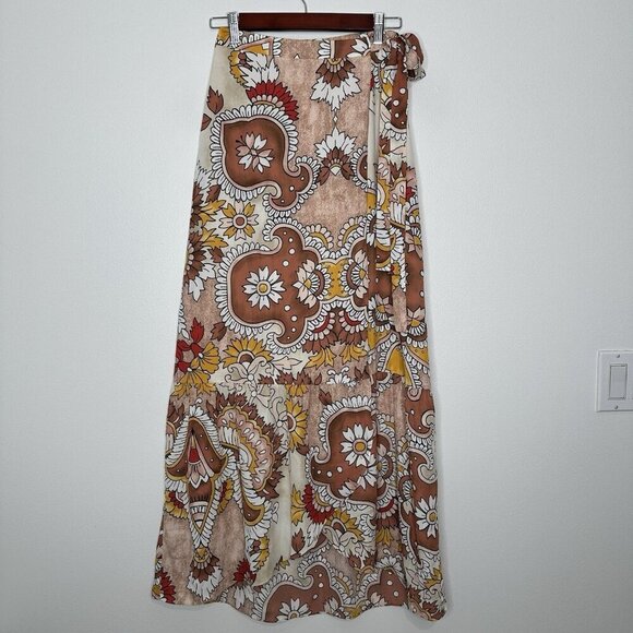 Bcbg Maxi Wrap Skirt Sz XXS Floral Paisley Dusty Rio Red - Picture 2 of 12
